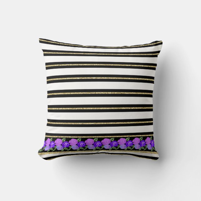 Purple Roses on Black, White, Gold Stripes Cushion (Front)