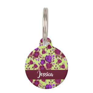 Purple roses on yellow pet tag