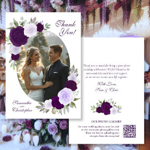 Purple Roses Oval Photo QR Code Elegant Wedding Thank You Card