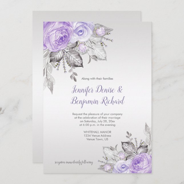 Purple Roses Silver Leaves - Silver - Wedding | Invitation (Front/Back)