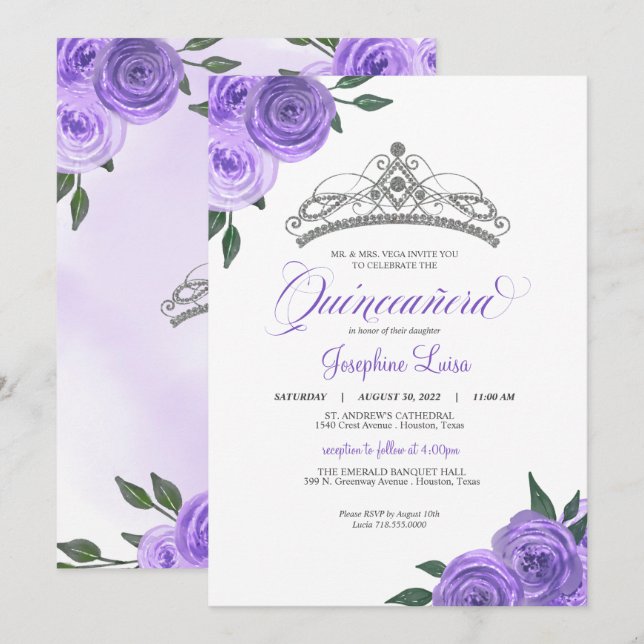 Purple Roses Silver Tiara Quinceañera Birthday Inv Invitation (Front/Back)