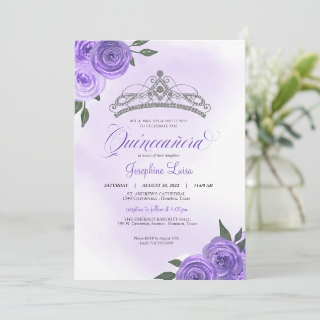 Purple Roses Silver Tiara Quinceañera Birthday Invitation (Standing Front)