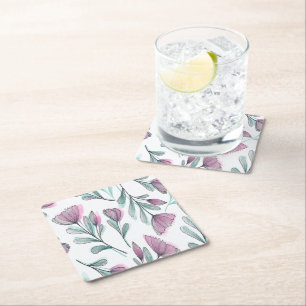 Purple roses square paper coaster