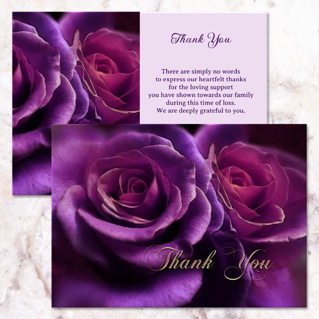 Purple Roses Sympathy Memorial Thank You Card (Sympathy Thank You card featuring an elegant purple rose with an optional gold Thank You script text)