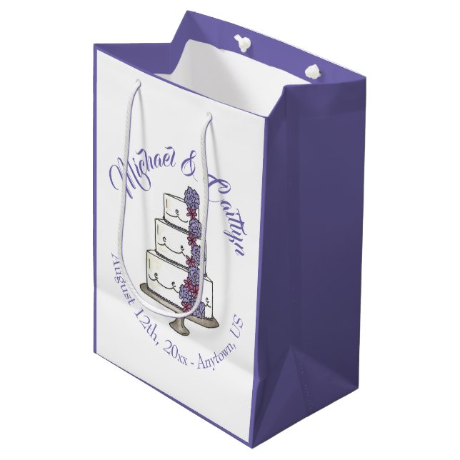 Purple Roses Tiered Floral Wedding Cake Favour Medium Gift Bag (Front Angled)