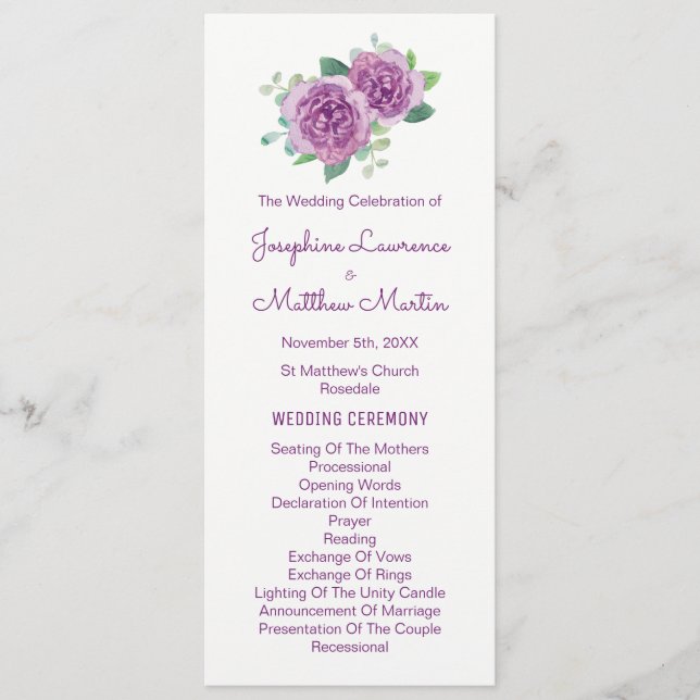 Purple Roses Watercolor Wedding Programs (Front)