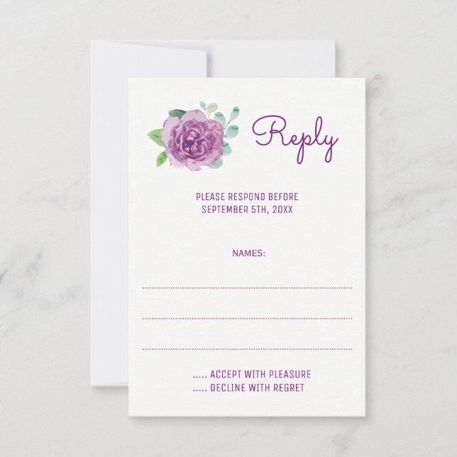 Purple Roses Watercolor Wedding Reply Cards (Front)