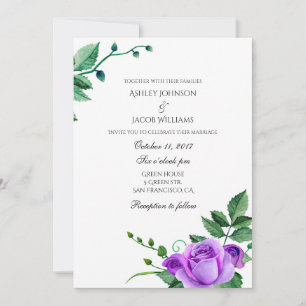 Purple roses wedding invitation. Floral invites