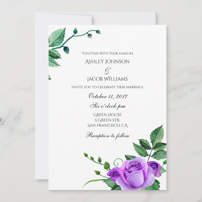 Purple roses wedding invitation. Floral invites (Front)