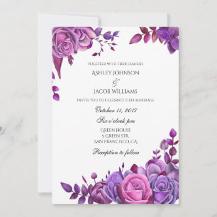 Purple roses wedding invitation Pink floral invite