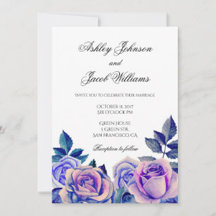 Purple roses wedding invitation. Watercolor floral Invitation
