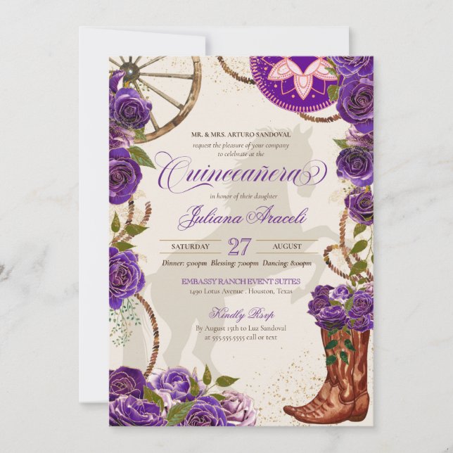 Purple Roses Western Boots Charro Quinceanera Invitation (Front)