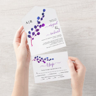Purple round leaf eucalyptus branch wedding all in one invitation
