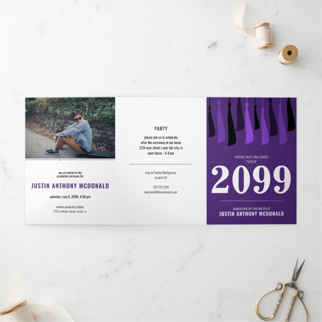 Purple Row of Tassels 3-Photo Graduation Tri-Fold Invitation (Outside)