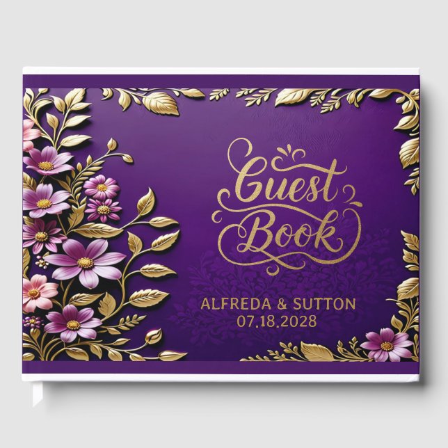 Purple Royal and gold metallic elegant floral  Guest Book (Front)
