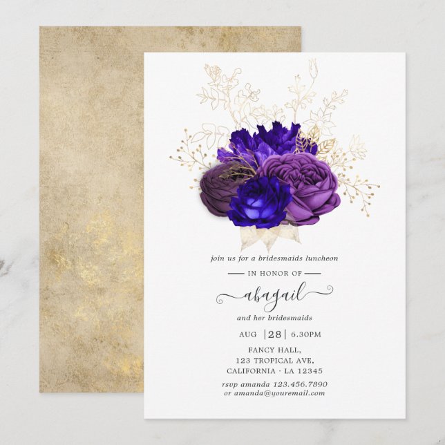 Purple, Royal Blue and Gold Bridesmaids Luncheon Invitation (Front/Back)
