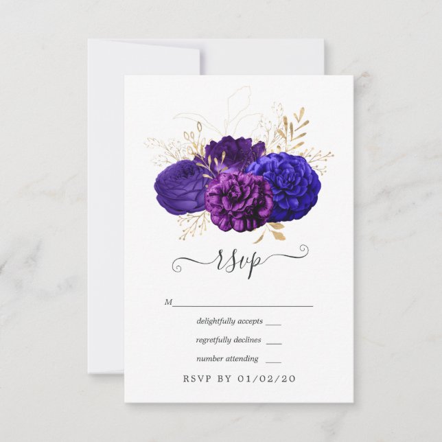 Purple, Royal Blue and Gold Floral Wedding RSVP Card (Front)