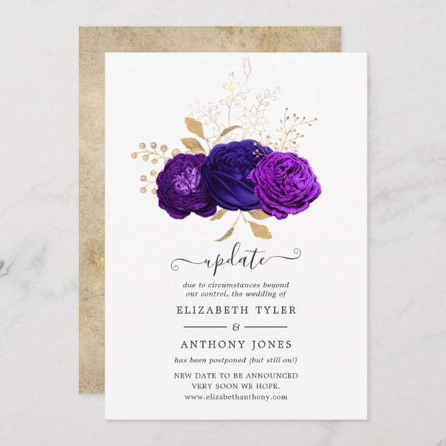 Purple, Royal Blue and Gold Floral Wedding Update Invitation (Front/Back)