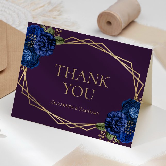 Purple Royal Blue Floral Gold Geo Wedding Thank You Card (Creator Uploaded)