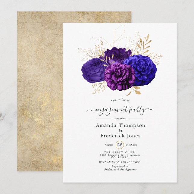 Purple, Royal Blue & Gold Floral Engagement Party Invitation (Front/Back)