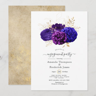 Purple, Royal Blue & Gold Floral Engagement Party Invitation