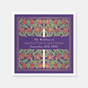 Purple Royal Mediaeval Gold Floral Sword Wedding Napkin