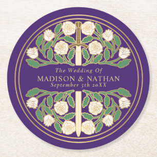 Purple Royal Mediaeval Gold Floral Sword Wedding Round Paper Coaster