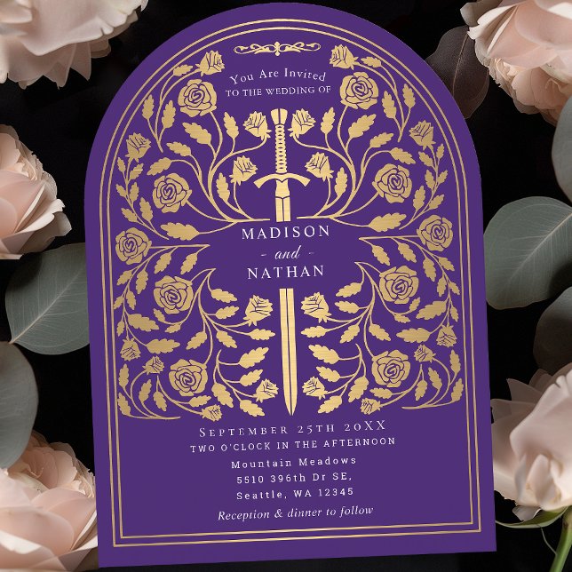 Purple Royal Mediaeval Gold Sword Wedding Arch Invitation (Creator Uploaded)