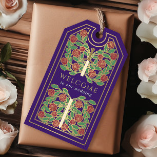 Purple Royal Mediaeval Gold Sword Wedding Welcome Gift Tags