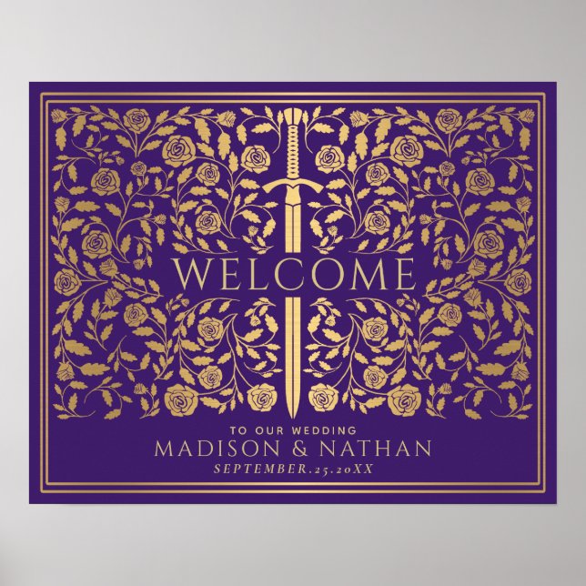 Purple Royal Mediaeval Gold Sword Wedding Welcome Poster (Front)