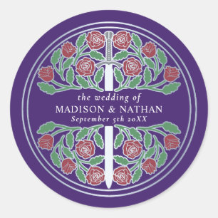 Purple Royal Mediaeval Silver Sword Wedding  Classic Round Sticker