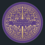 Purple Royal Mediaeval Sword Wedding Classic Round Sticker<br><div class="desc">Celebrate your special day with this Royal Mediaeval Sword Wedding design. The design on the back of the invite is NOT real gold foil. You can customise this further by clicking on the "PERSONALIZE" button.</div>