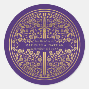 Purple Royal Mediaeval Sword Wedding Classic Round Sticker