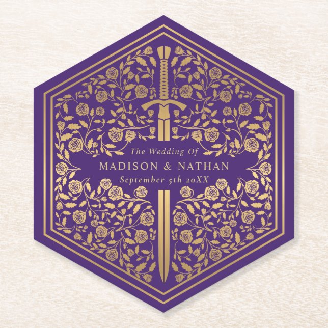 Purple Royal Mediaeval Sword Wedding Paper Coaster (Front)