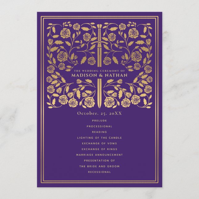 Purple Royal Mediaeval Sword Wedding Program (Front)