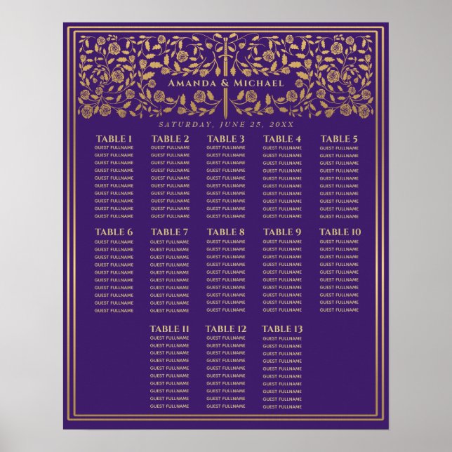Purple Royal Mediaeval Sword Wedding Seating Chart (Front)
