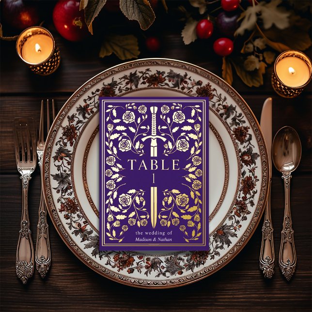 Purple Royal Mediaeval Sword Wedding Table Card (Creator Uploaded)