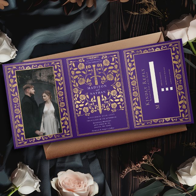 Purple Royal Mediaeval Sword Wedding Tri-Fold Invitation (Creator Uploaded)