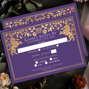 Purple Royal Medieval Lion Wedding RSVP Card