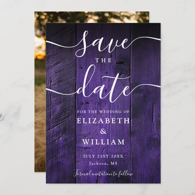 Purple Rustic Barn Wood Boho Chic Photo Wedding  Save The Date (Front/Back)