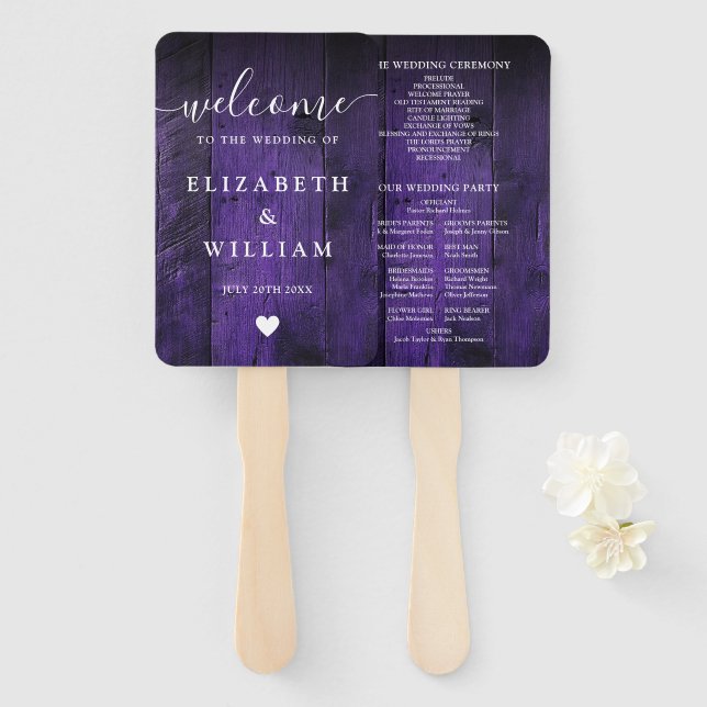 Purple Rustic Barn Wood Boho Wedding Program Hand Fan (Front and Back)