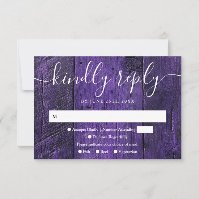 Purple Rustic Barn Wood Boho Western Wedding RSVP Card (Front)