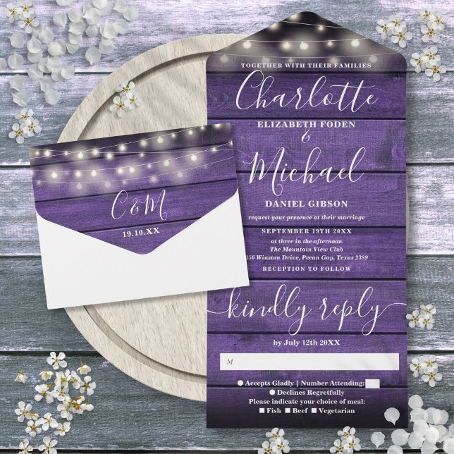 Purple Rustic Barn Wood String Lights Wedding All In One Invitation (Purple Rustic Barn Wood String Lights Wedding All In One Invitation)