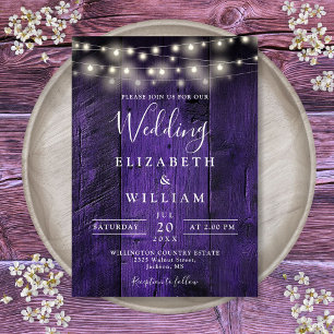 Purple Rustic Barn Wood String Lights Wedding Invitation