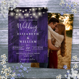 Purple Rustic Barn Wood String Lights Wedding Invitation