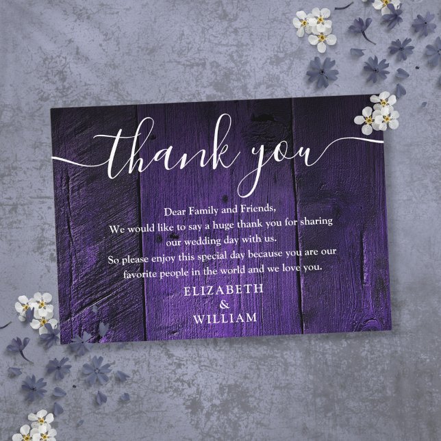 Purple Rustic Barn Wood Wedding Thank You Place Card (Purple Rustic Barn Wood Wedding Thank You Place Card)
