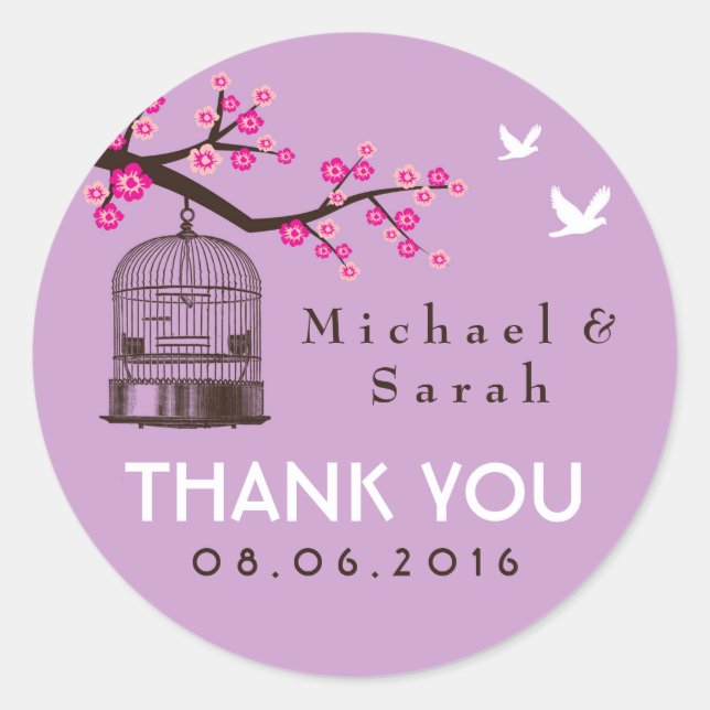 Purple Rustic Bird Cage Flower Wedding Sticker (Front)