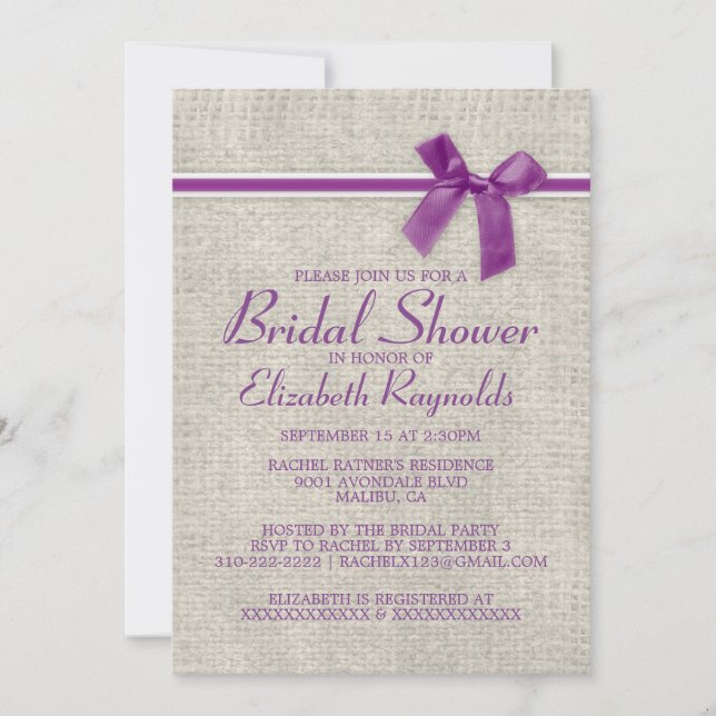 Purple Rustic Burlap Bridal Shower Invitations (Front)