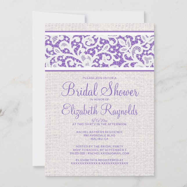 Purple Rustic Burlap Linen Bridal Shower Invites (Front)