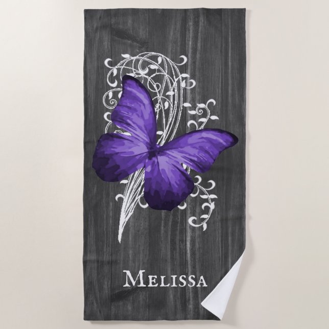 Purple Rustic Butterfly Personalised Beach Towel (Front)